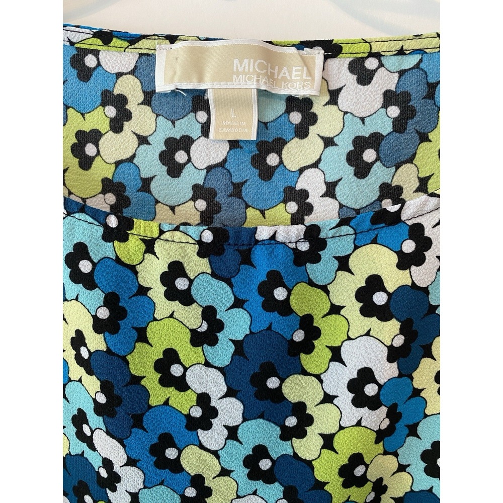 Michael Kors Short Sleeve Blouse Sz Large Smocked Hem Blue Teal Floral Designer - Picture 3 of 9
